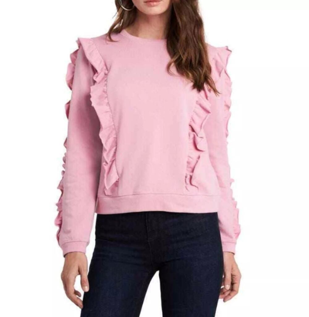 NWT 1. State Sweatshirt Womens MEDIUM Ruffled Crew-neck Rose Pink rib Hem $69